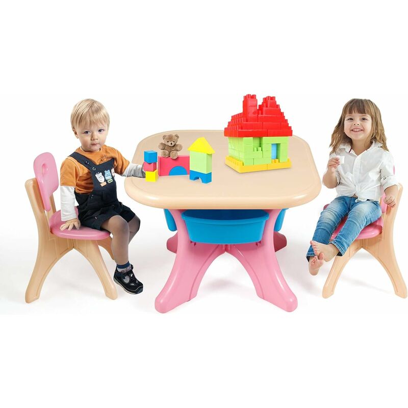 Goplus - Ensemble de Table et 2 Chaises pour Enfants, Set 1 Table et 2 Chaises, 4 Paniers de Rangement en Plastique, Pieds avec Coussinets