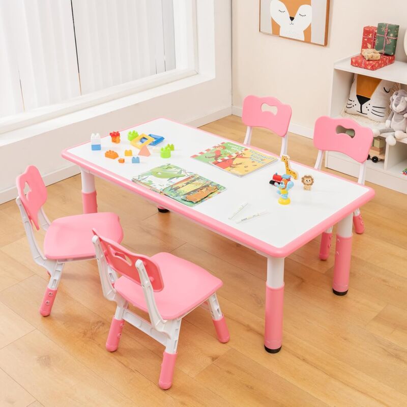 Table Enfant avec 4 Chaises-Hauteurs Réglables avec Plateau à Graffitis-Table de Dessin pour Enfants 2 Ans+, Charge 50KG,Rose - Goplus