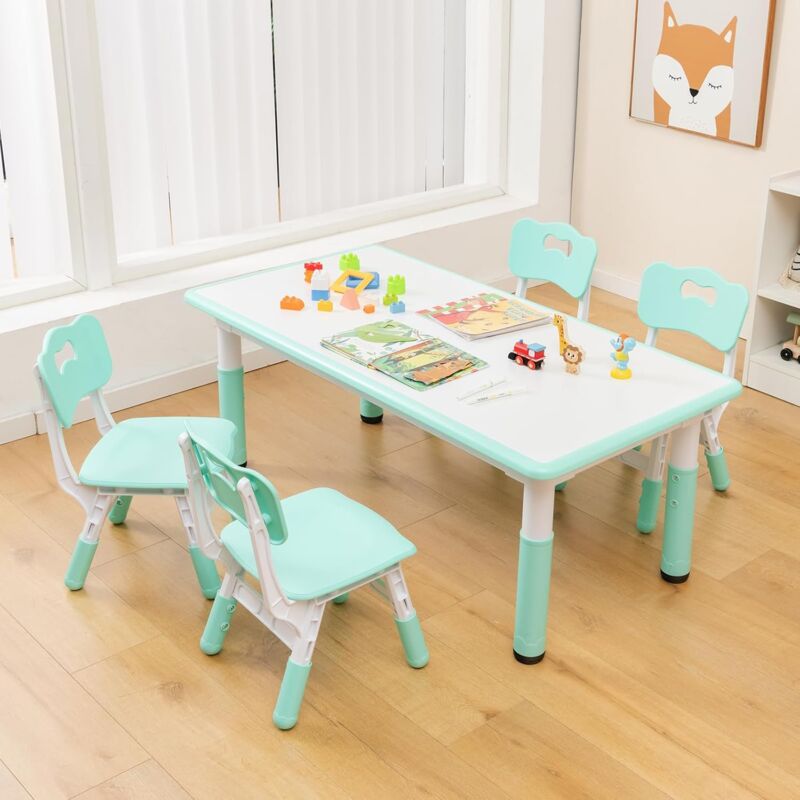 Table Enfant avec 4 Chaises-Hauteurs Réglables avec Plateau à Graffitis-Table de Dessin pour Enfants 2 Ans+, Charge 50KG,Vert - Goplus