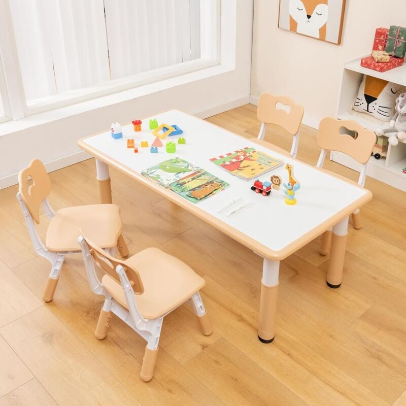 Table Enfant avec 4 Chaises-Hauteurs Réglables avec Plateau à Graffitis-Table de Dessin pour Enfants 2 Ans+, Charge 50KG,Naturel - Goplus