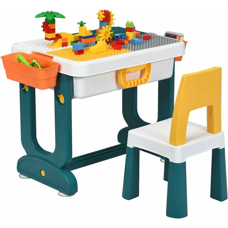 Ensemble de Table et Chaise pour Enfants 6 en 1 avec Planche Double-Face et 2 Paniers de Rangement, Table de Blocs de Construction pour l'Amusement,