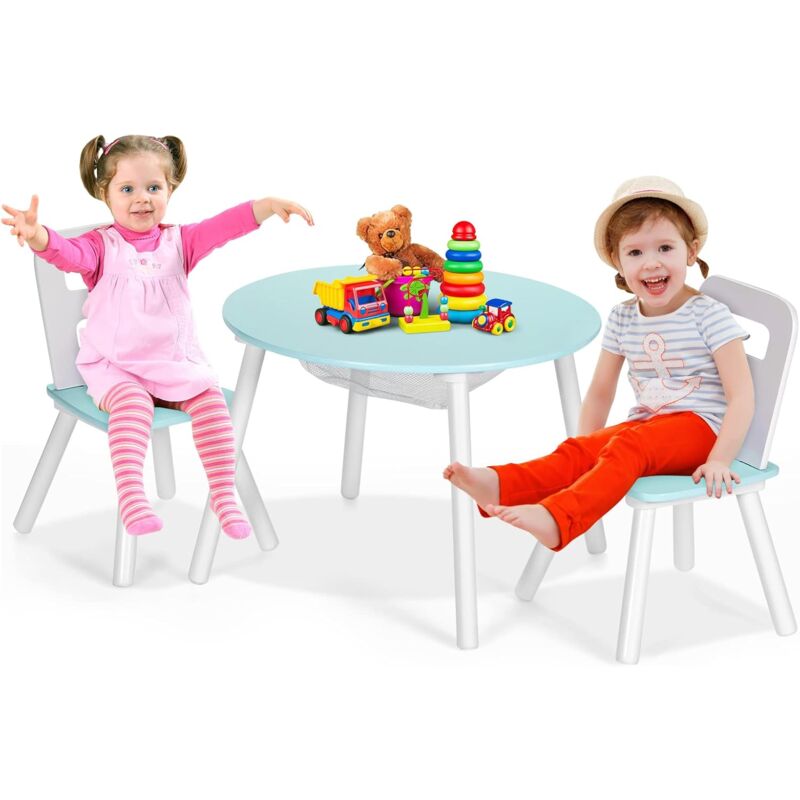 Goplus - Table Enfant avec 2 Chaises 3-7 Ans Ergonomique-Table d'Activités avec Rangement Central en Maille-Pieds en Bois Vert