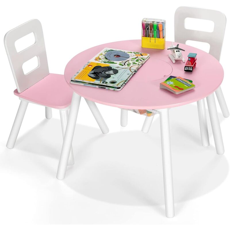 GOPLUS Ensemble de Table et de Chaises pour Enfants en MDF avec Rangement Central en Maille pour Collation et Devoirs, 1 Table et 2 Chaises pour