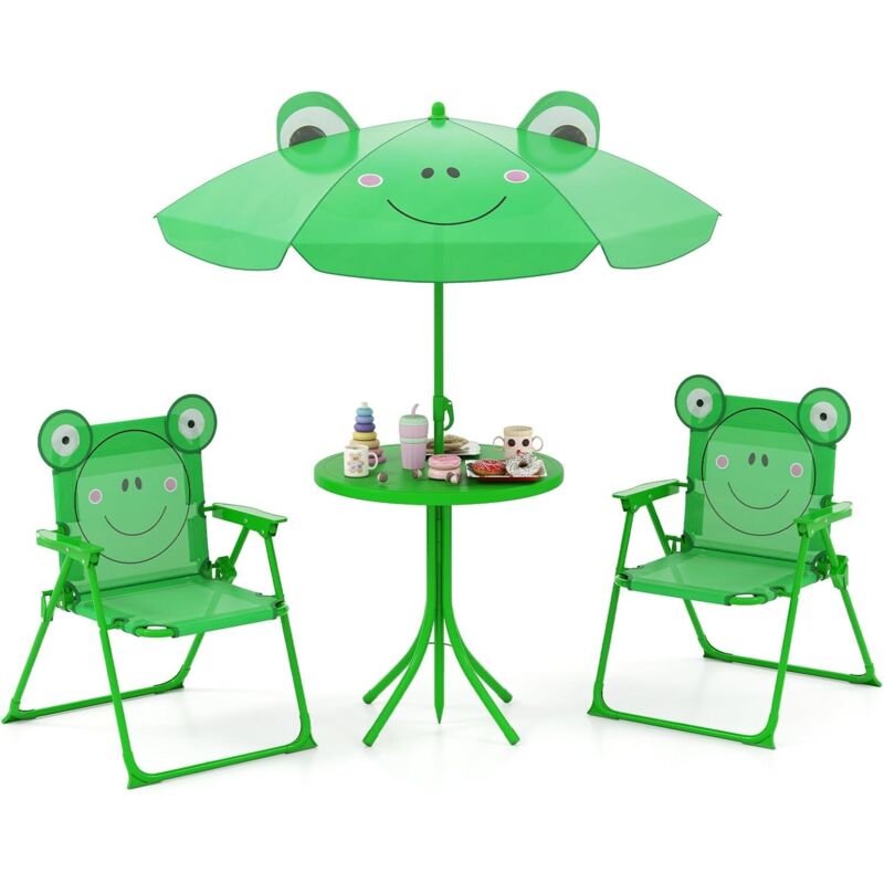 GOPLUS Ensemble Salon de Jardin Enfant 4 PCS, Table Pique-Nique Enfant avec 2 Chaises Pliante, Parasol Réglable en Hauteur, Charge 75KG, Table