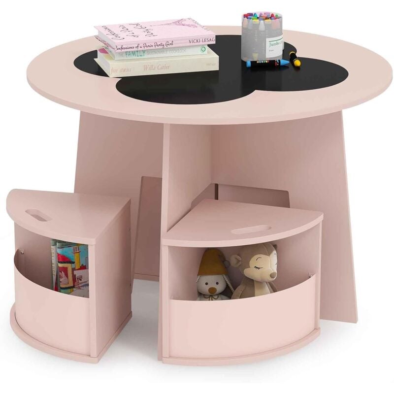 Goplus - Table Enfant avec 4 Chaises, Table de Dessin Enfant avec Plateau en Tableau Noir, Petite Table d'Activités Ronde Empilable avec Tabourets de