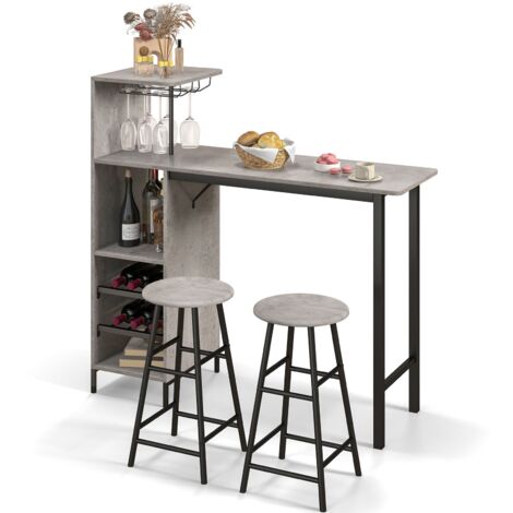 Goplus – Ensemble table de bar 3 pièces avec 2 tabourets – Dimensions 120 x 40 x 35 cm – Étagère à vin 2 niveaux – Structure métallique robuste