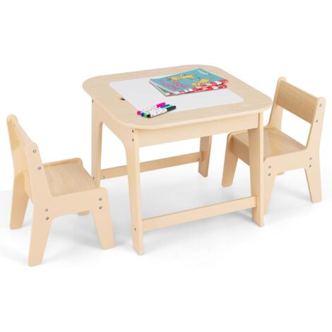 GOPLUS Ensemble Table et 2 Chaises Enfant,avec Tableau Double Face et Espace de Rangement Caché,Table d’Activités pour Dessin,étude,Naturel