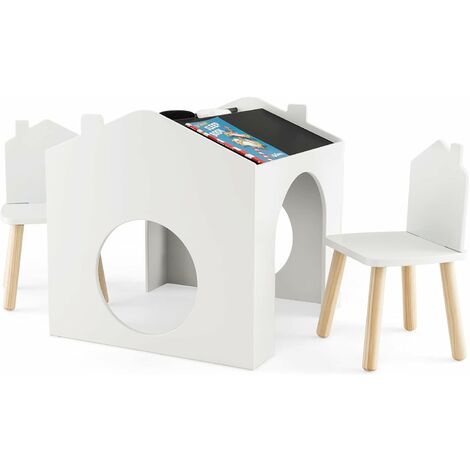 GOPLUS Ensemble Table et 2 Chaises Enfants, Table d'Activités pour 3 Ans+ en Forme de Maison pour Dessiner & Lire, Pieds en Bois de Pin, Plateaux Inclinés, Coussinets Antidérapants (Blanc)