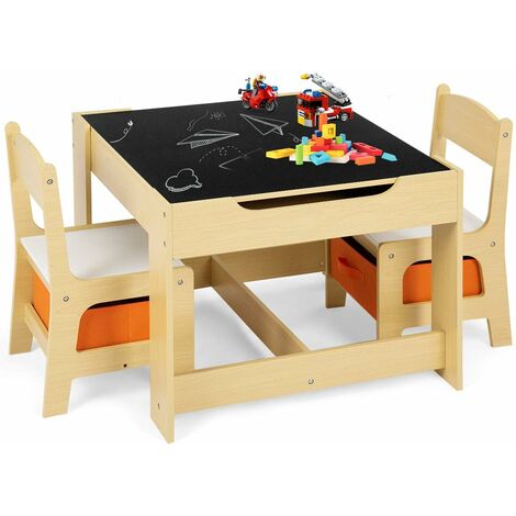 Goplus – Table enfant double face 60x60x48 cm avec 2 chaises et 2 boîtes de rangement – Idéale pour dessin et repas – MDF et P2