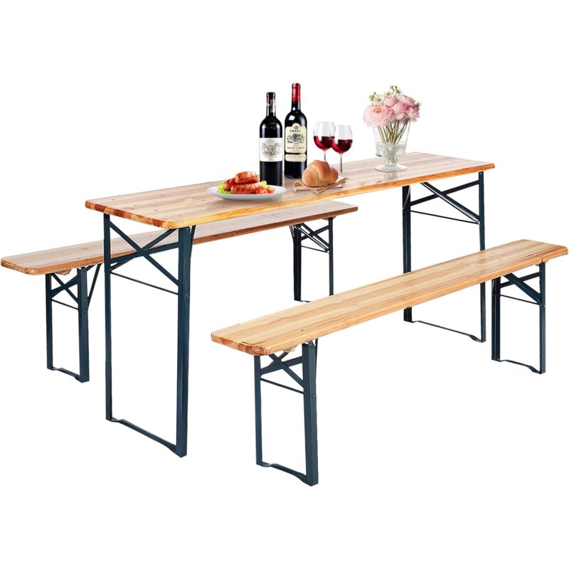 Ensemble Table et Bancs 3 pcs, en Bois de Sapin, Cadre Métallique, Table de Bière 177 cm Portable et Pliable pour Patio, Terrasse,