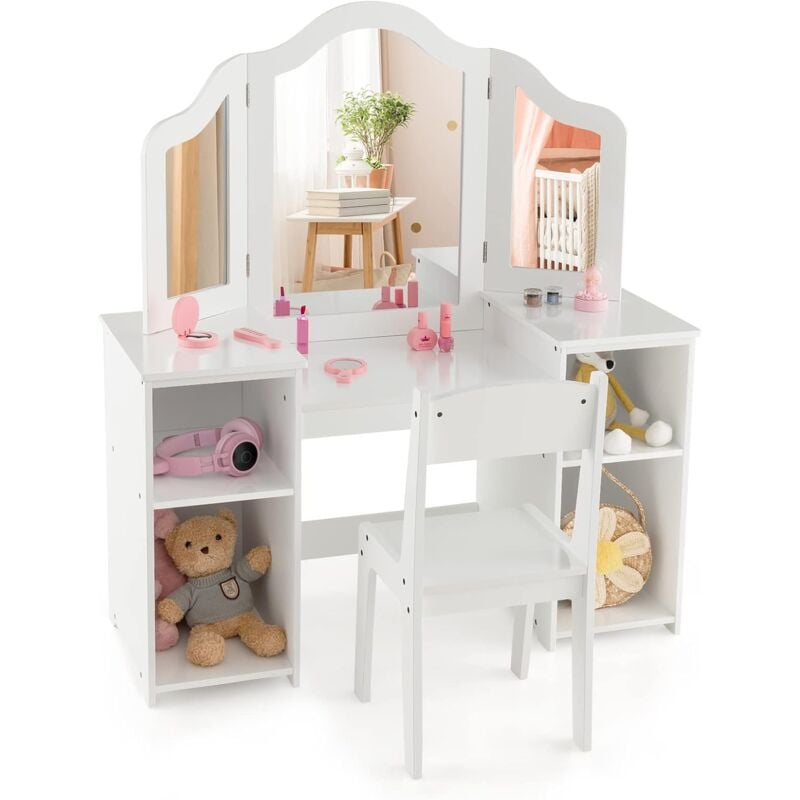 Goplus - Ensemble Table et Chaise 2 en 1 pour Enfants, Coiffeuse de Maquillage avec Miroir Amovible à Trois Volets, Chaise à Dossier Haut, étagères