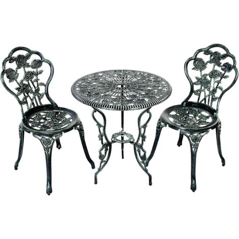 Goplus – Ensemble table et chaise de jardin 3 pièces – 2 chaises ergonomiques en aluminium et fonte – Table ronde 60cm avec trou pour parasol