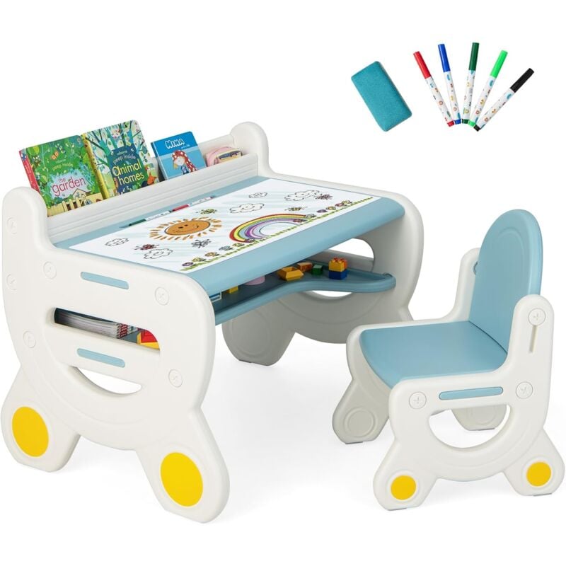 Goplus - Ensemble Table et Chaise pour Enfants avec Plateau Effaçable, Stylos Aquarelle et Gomme, Ensemble de Table d'Activités pour Dessiner, Lire,