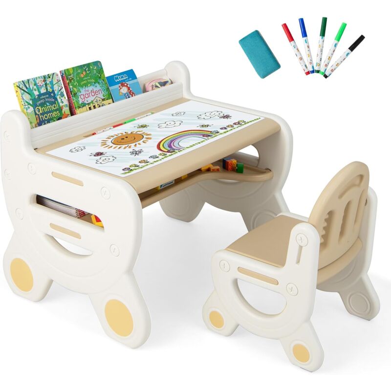 Goplus – Ensemble table et chaise pour enfants avec plateau effaçable – Dimensions table 78x60x58cm – Inclus stylos aquarelle et gomme – Marron