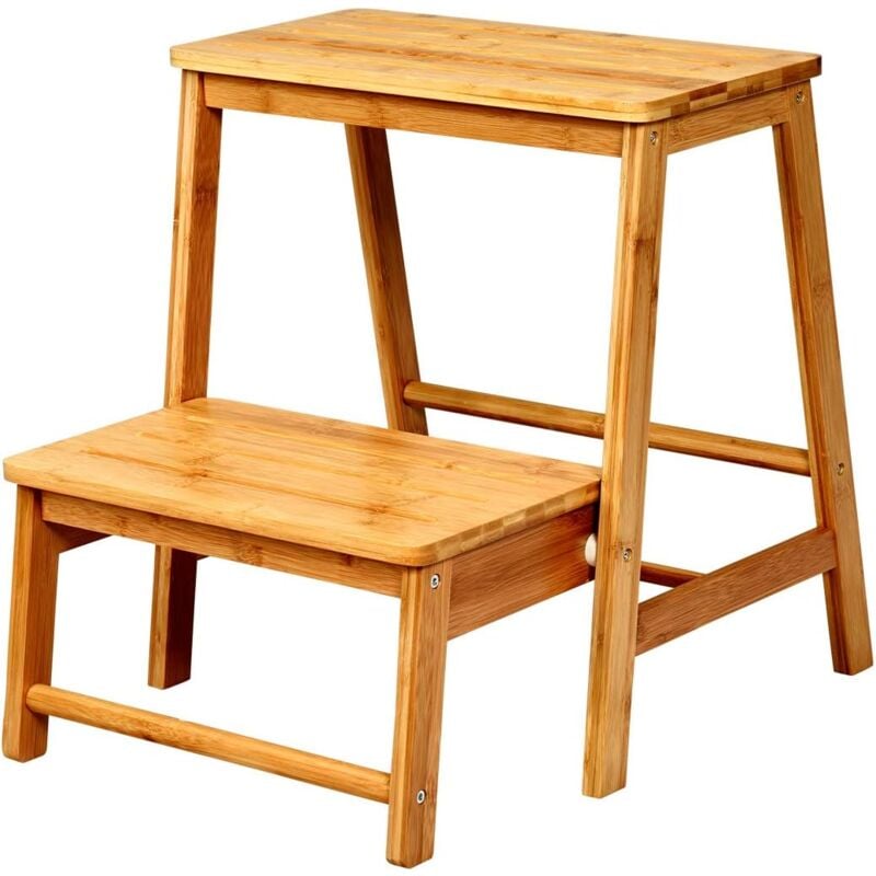 Escabeau Pliable a 2 Marches avec Levier Basculant, Tabouret Multifonctionnel en Bambou Antiderapant et Resistant, Ideal pour Maison ou Bureau, 45 x
