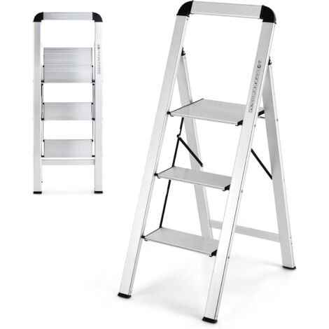 GOPLUS Escabeau Pliable à 3 Marches avec Cadre en Aluminium Robuste et Léger, Échelle Pliante Domestique avec Marches et Pieds Antidérapants, Charge Max 150 KG, (62 x 44 x 109 cm)