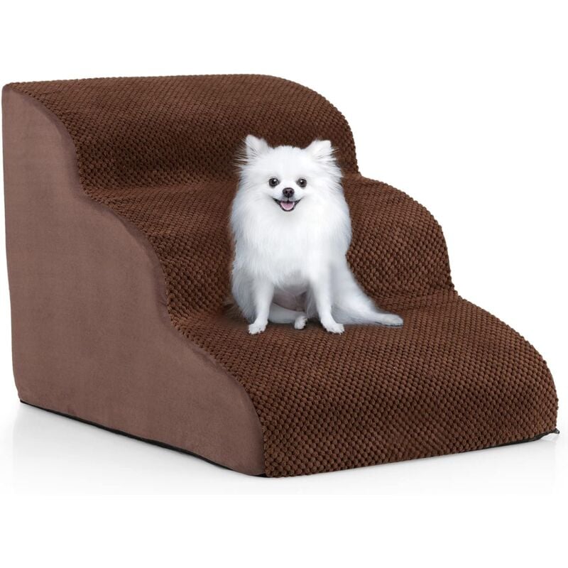 Goplus - Escalier pour Chien Chat à 3 Marches, 42 x 58 x 40 cm, Rampe de Fond Antidérapant, Couverture Lavable, Jusqu'à 30 kg, Marron