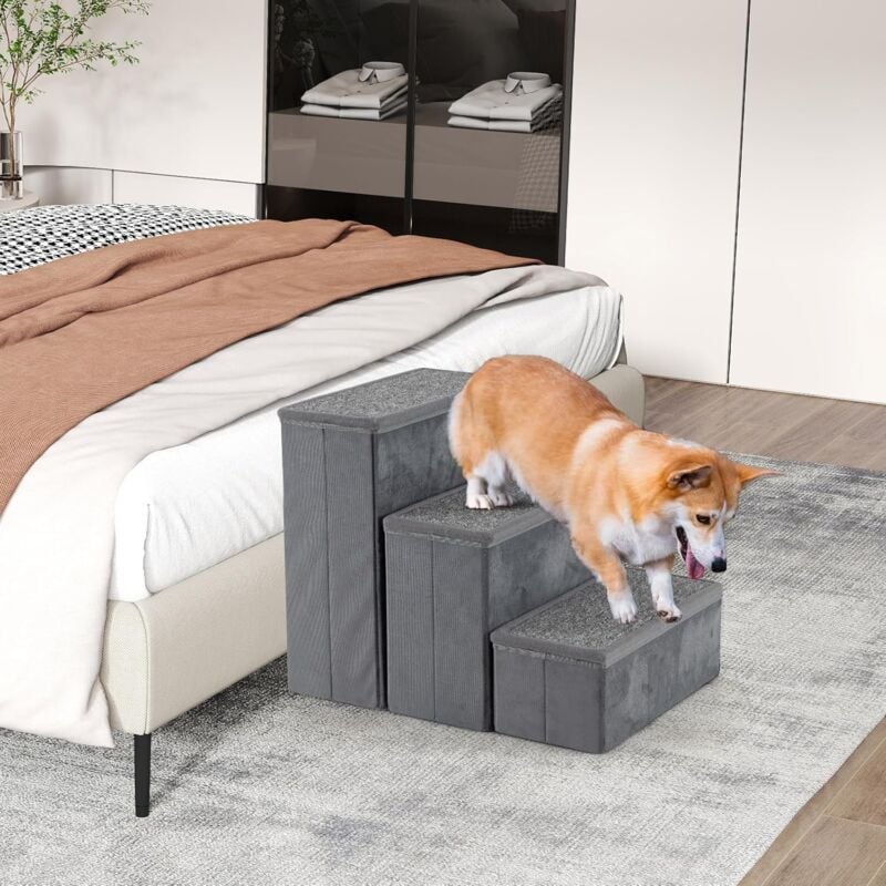 Escalier pour Chiens à 3/4 Marches, Escalier Pliable avec Rangement pour Stokage, Échelle Antidérapante, Chaque Marche Pliable, Rampe Idéale pour Lit