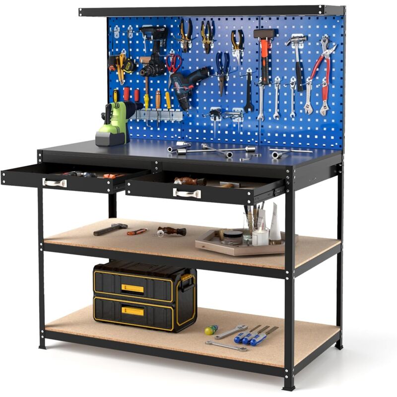 GOPLUS Établi à Outils avec Panneau Perforé,Tiroirs,Étagères,23 Crochets,Porte-Tournevis,Charge 230KG-121x61x156CM,Bleu
