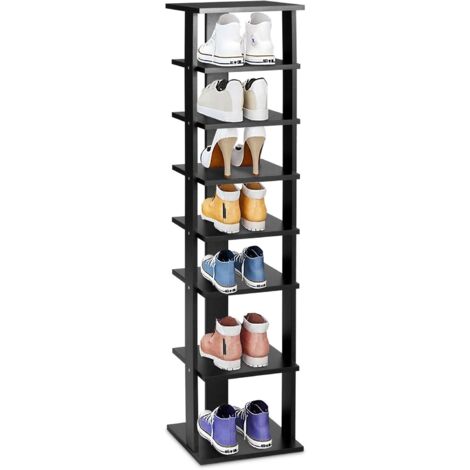 GOPLUS étagère à Chaussures à 7 Niveaux en Bois, 27,5x26,5x110 CM, Range-Chaussures Vertical et Compact en Hauteur Différente, Organisateur de Rangement pour Couloir Salon Entrée(Noir)