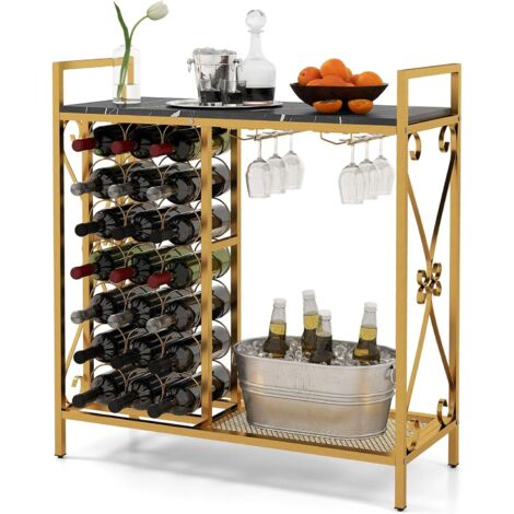 GOPLUS Étagère à Vin avec Casier à Vin 21 Bouteilles, 2 Porte-Verres pour 6 Verres, Table de Bar à Vin Style Industriel Grand Plateau pour Salle à Manger, Cave, 93x38x102cm (Jaune)