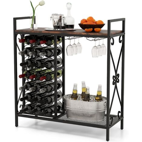 GOPLUS Étagère à Vin avec Casier à Vin 21 Bouteilles, 2 Porte-Verres pour 6 Verres, Table de Bar à Vin Style Industriel Grand Plateau pour Salle à Manger, Cave, 93x38x102cm (Marron)