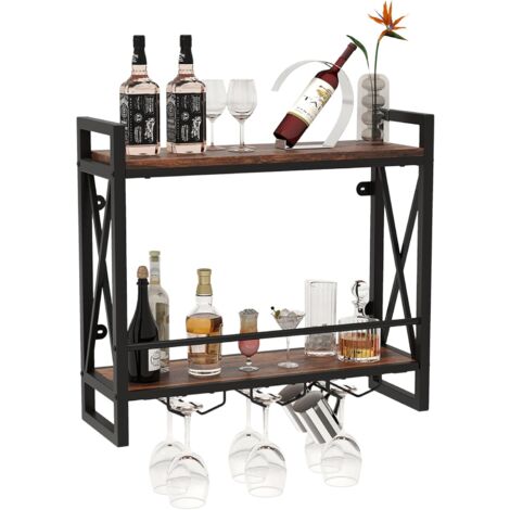 Goplus – Étagère à vin murale 2 niveaux – Capacité 14 bouteilles – 9 porte-verres ou 6 tasses – Design industriel noir – Dimensions 60x20x55cm