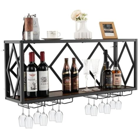 Goplus – Étagère à vin murale 39 bouteilles et 12 verres – Cadre en métal robuste – Installation murale pour espaces restreints – Design industriel