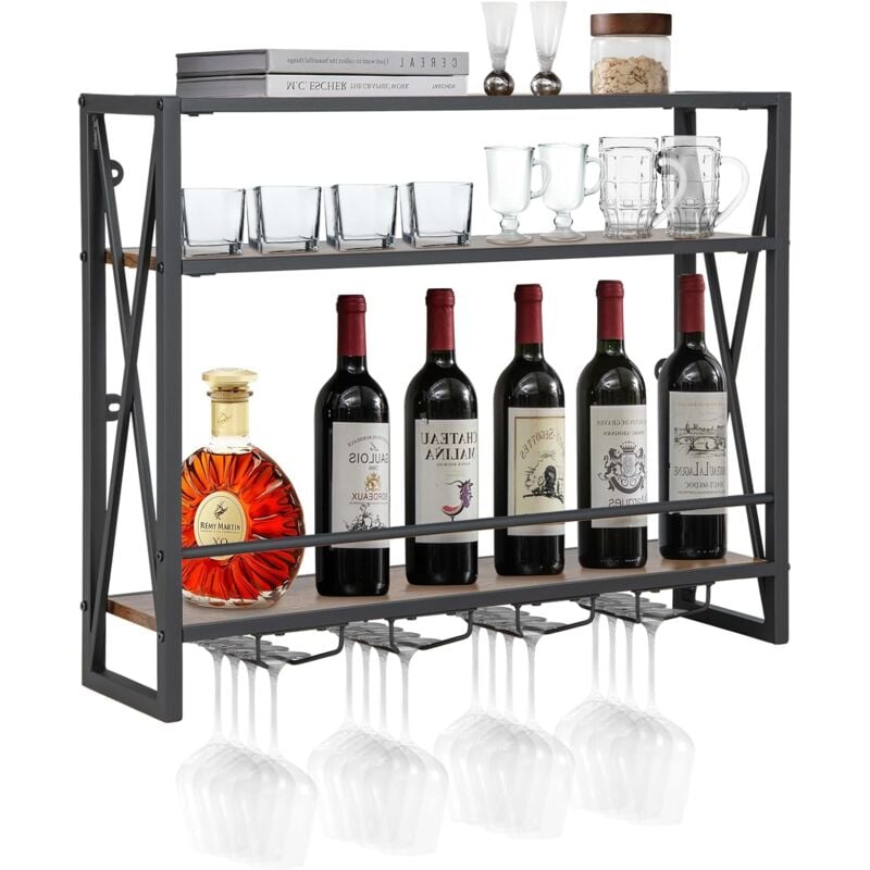 Goplus - tagère à Vin Murale, Casier à Vin Suspendue 3 Niveaux avec Porte-Verres Cadre en Métal, Protection Anti-Chute, Base Renforcée, pour Salon,