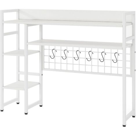 GOPLUS Étagère Bureau pour Ordinateur, 94 x 25 x 73,5 CM, Étagère avec Tablette de Table, Organisateur de Bureau, Panneau en Treillis Métallique avec 6 Crochet, 4 Étagère Ouverte, pour Chambre (Blanc)
