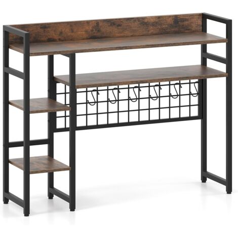 GOPLUS Étagère Bureau pour Ordinateur, 94 x 25 x 73,5 CM, Étagère avec Tablette de Table, Organisateur de Bureau, Panneau en Treillis Métallique avec 6 Crochet, 4 Étagère Ouverte, pour Chambre (Café)
