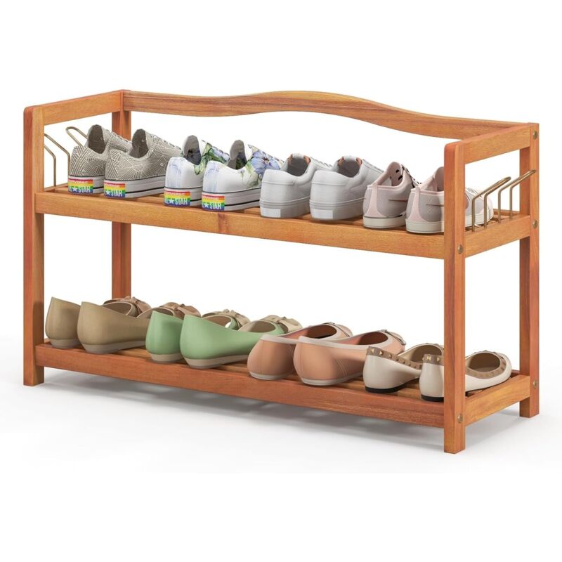 GOPLUS Etagere Chaussure à 2 Niveaux, 74 x 26 x 42 CM, Porte-Chaussures en Bois d'Acacia avec 4 Crochet Métallique Latéraux, Capacité 20 KG par