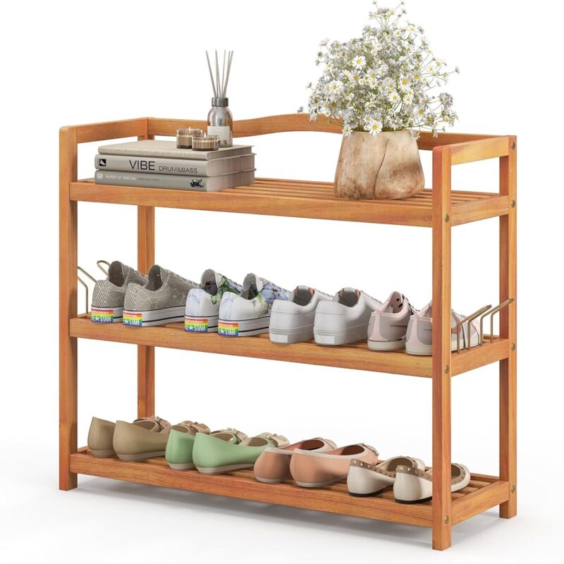 GOPLUS Etagere Chaussure à 3 Niveaux, 74 x 26 x 62 CM, Porte-Chaussures en Bois d'Acacia avec 4 Crochet Métallique Latéraux, Capacité 20 KG par