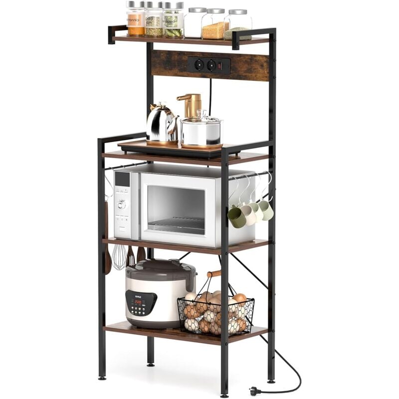 GOPLUS Étagère de Cuisine à 4 Niveaux avec Station de Charge,Support pour Micro-ondes avec 8 Crochets en S,Prises,59x34x136CM