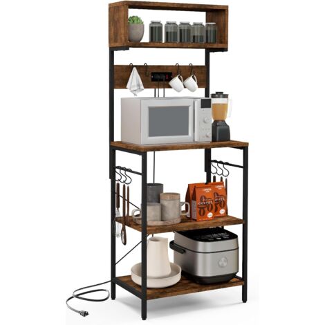 GOPLUS Étagère de Cuisine à 5 Niveaux avec Prise Électrique, Support pour Micro-Ondes avec 10 Crochets, pour Bar à Café à Domicile avec Cadre Métallique Résistant, Style Industriel
