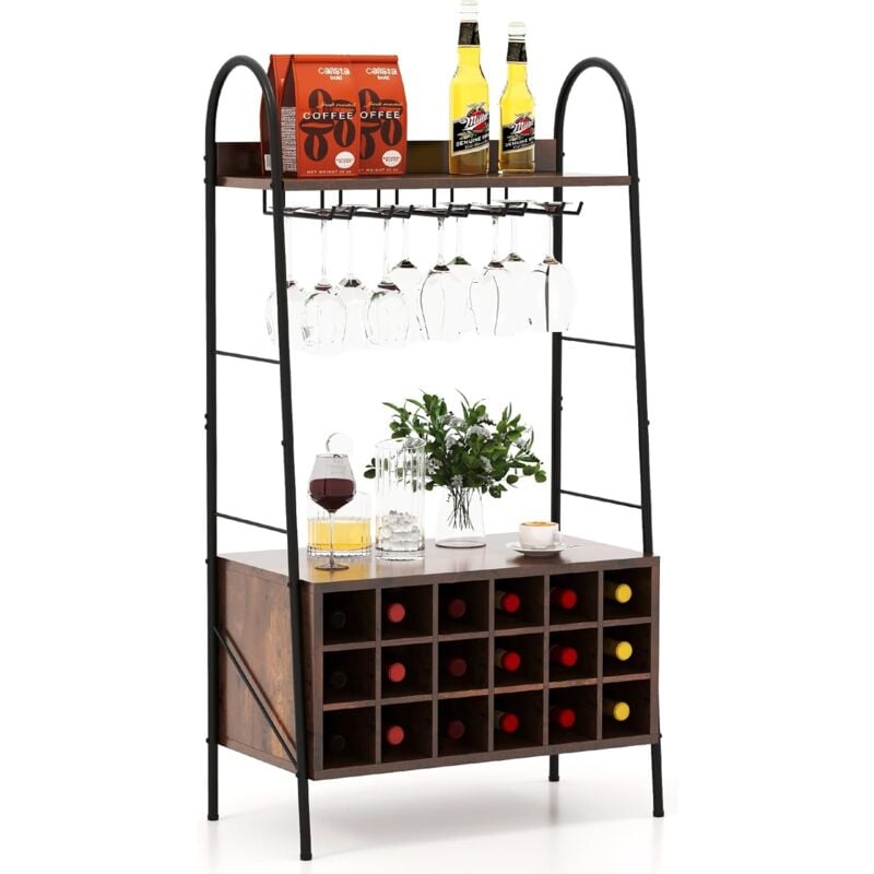 Goplus - tagère de Cuisine H.115CM pour 18 Bouteilles&15 Verres-Cadre Métallique 2 Étagères-Dispositif Anti-basculement Marron