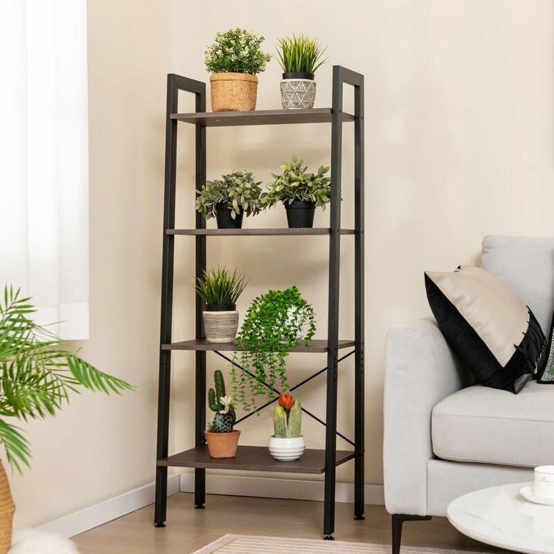 Goplus - tagère de Rangement à 4 Niveaux avec Cadre en Métal-Dispositif Anti-basculement-Style Industrielle Gris Foncé