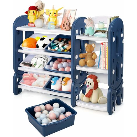 GOPLUS Etagere de Rangement avec Planche de Rangement et Bibliotheque, Meuble de Rangement pour Enfant, pour Jouets, Livres, Multifonctionnel avec 6 Boîtes Amovible, pour Chambre d’Enfant (Bleu)