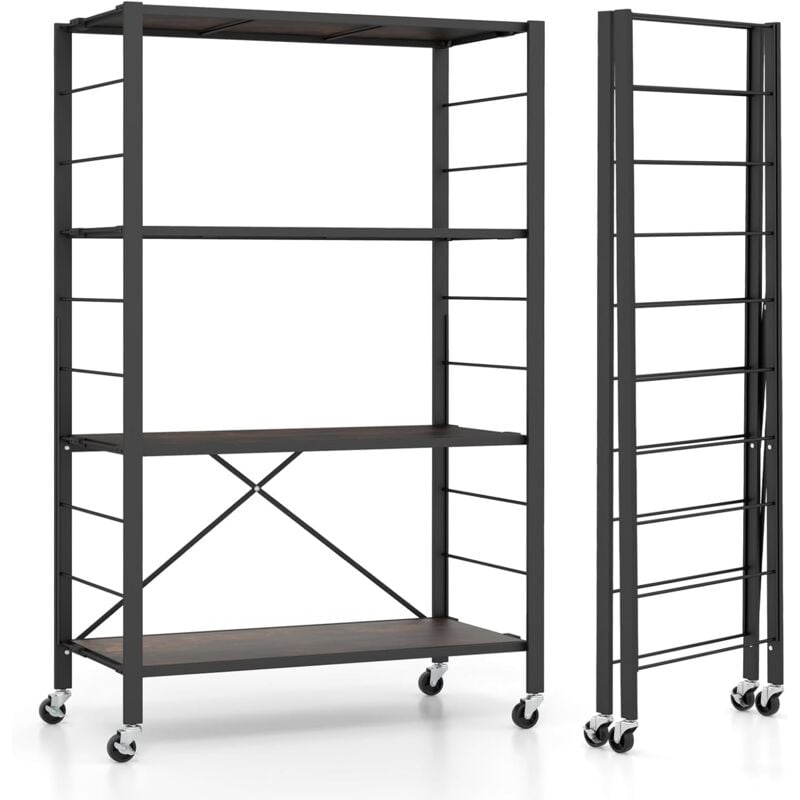 GOPLUS Étagère de Rangement Pliable avec roulettes, Etagère en Métal Autoportante avec 4 Niveaux Réglables, Etagère de Rangement Design DIY pour