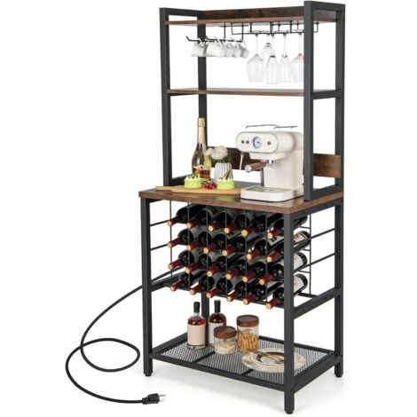 GOPLUS Étagère Range Bouteille à 4 Niveaux 76x48x162,5CM-Porte-bouteille 9 Verres et 24 Bouteilles-Station de Charge Intégrée Marron