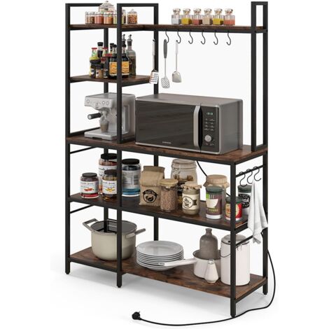 GOPLUS Étagère Rangement Cuisine avec 5 Niveaux et 10 Crochets, Étagère pour Micro-Ondes avec Station de Charge, Prise, USB & Type C, 6 Pieds Réglables, Style Industriel, 107 x 37 x 160 cm