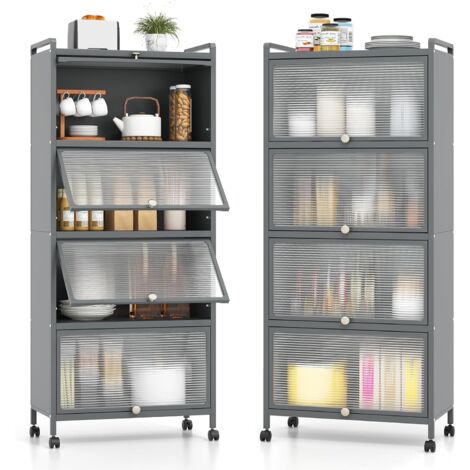 GOPLUS Étagères de Rangement à 5 Niveaux, Etagère Cuisine Rangement avec Roues Pivotantes 360°, 2 Kits Anti-Renversement, Meuble pour Salon, Bureau, Cuisine, 60x32x154cm (Gris)