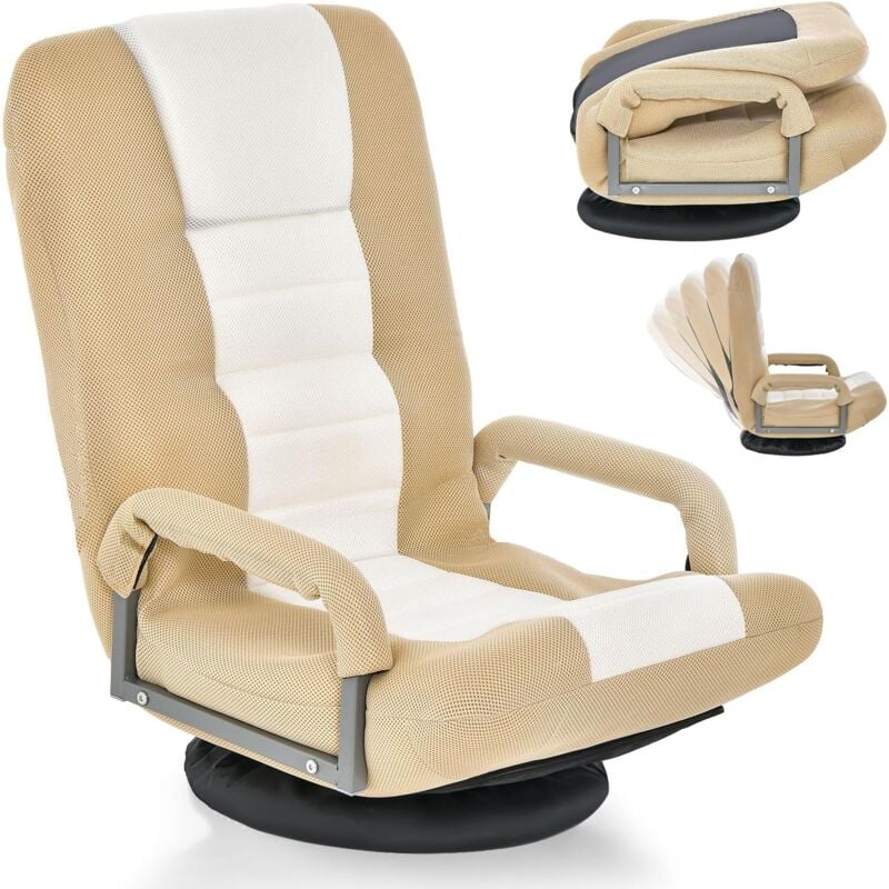 GOPLUS Fauteuil de Relaxion Pliable Pivotante à 360° Dossier Réglable sur 5 Positions, Chaise de Plancher, 85x75x55CM, Beige