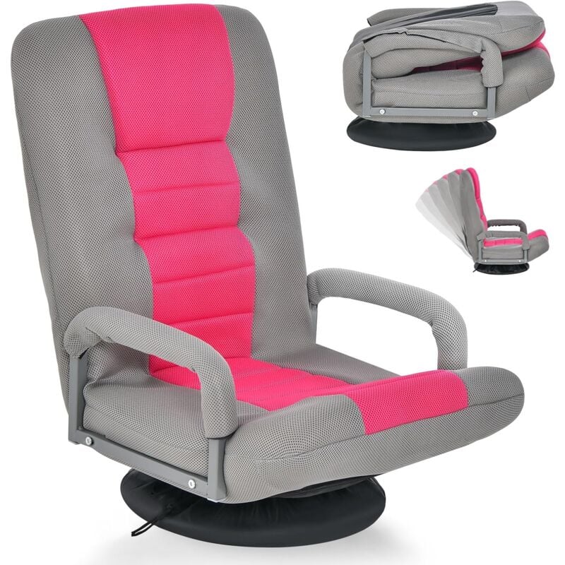 Fauteuil de Relaxion Pliable Pivotante à 360° Dossier Réglable sur 5 Positions, Chaise de Plancher, 85x75x55CM, Rose - Goplus