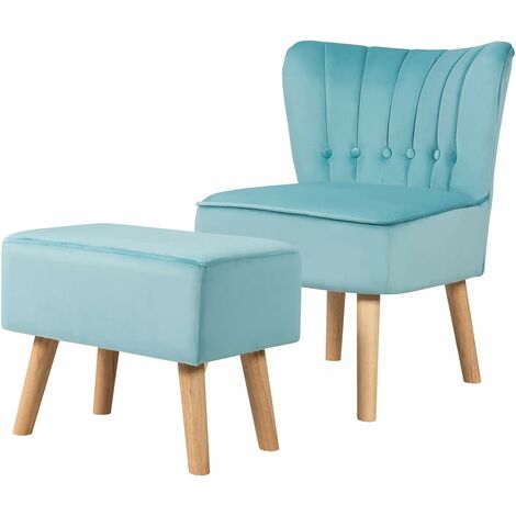 GOPLUS Fauteuil en Velours avec Repose-Pieds, Dossier Ergonomique&Pouf Comfortable, Pieds en Bois de Caoutchouc, Fauteuil de Salon pour Maison, Chambre à Coucher, Salle de Séjour (Bleu)