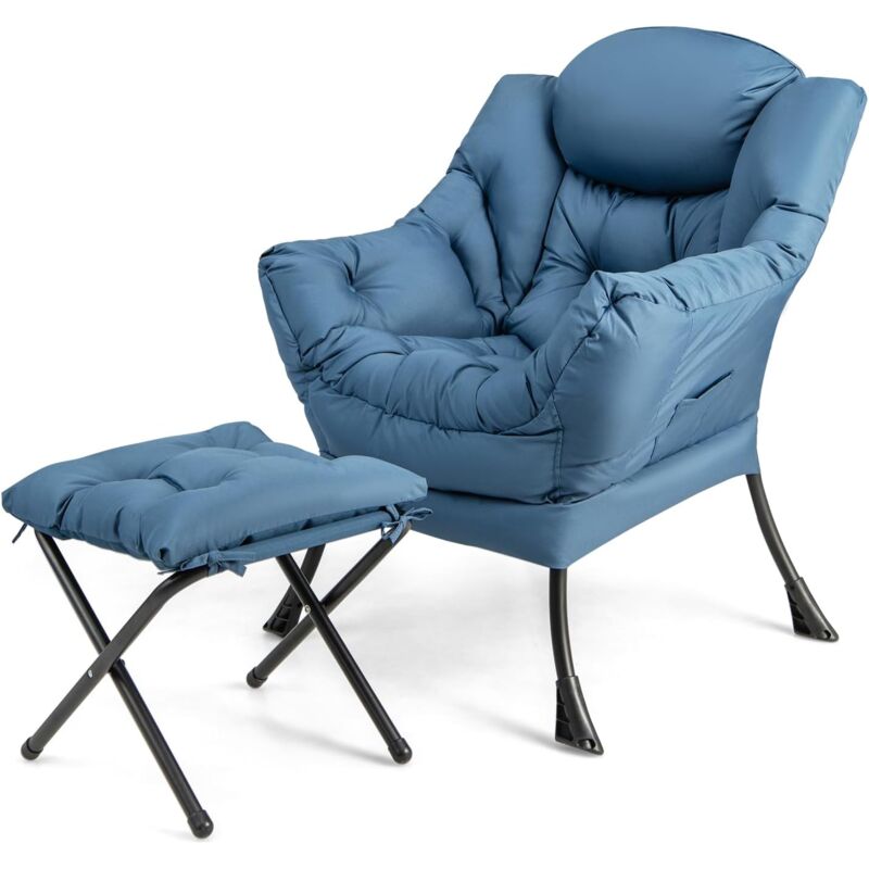 Fauteuil Salon avec Repose-Pieds Ottoman Pliant Charge 150KG+50KG-Pochette Latérale-Style Scandinave Bleu - Goplus