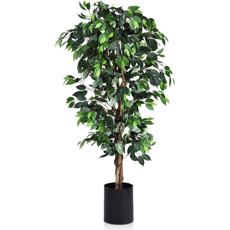 Image of GOPLUS Ficus Artificiale con Vaso, Albero Artificiale in Stile Realistico con Foglie in Tessuto Poliestere e Tronco in Legno, Decorazione Perfetta