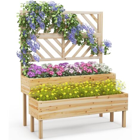 GOPLUS Fioriera da Giardino a 2 Livelli in Legno, Fioriera Rialzata per Piante Rampicanti con Foro di Drenaggio per Ortaggi, Fioriera per Balcone e Terrazza
