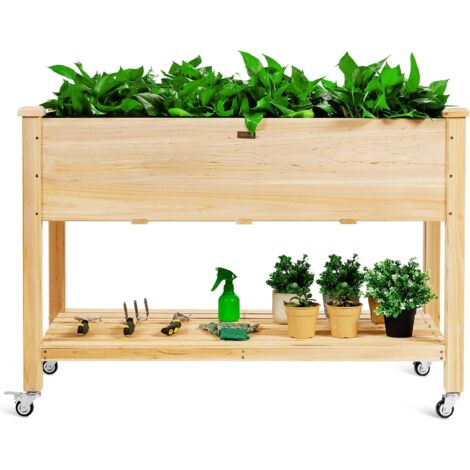 GOPLUS Fioriera in Legno Rialzata, con Ruote di Bloccaggio, Letto da Giardino Mobile con Ripiano di Stoccaggio e Foro di Drenaggio per Fiori, Erbe, Verdure, Frutta, 120 x 59 x 84cm