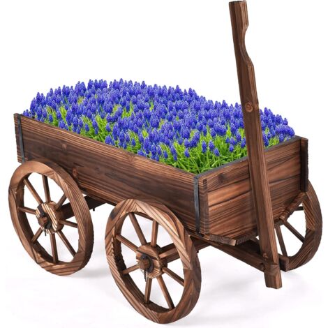 GOPLUS Fioriera per Piante con 4 Ruote, Carrello Portafiori da Giardino, con Manico Regolabile, di Legnodi Abete, Marrone, 120x43x53,5 cm